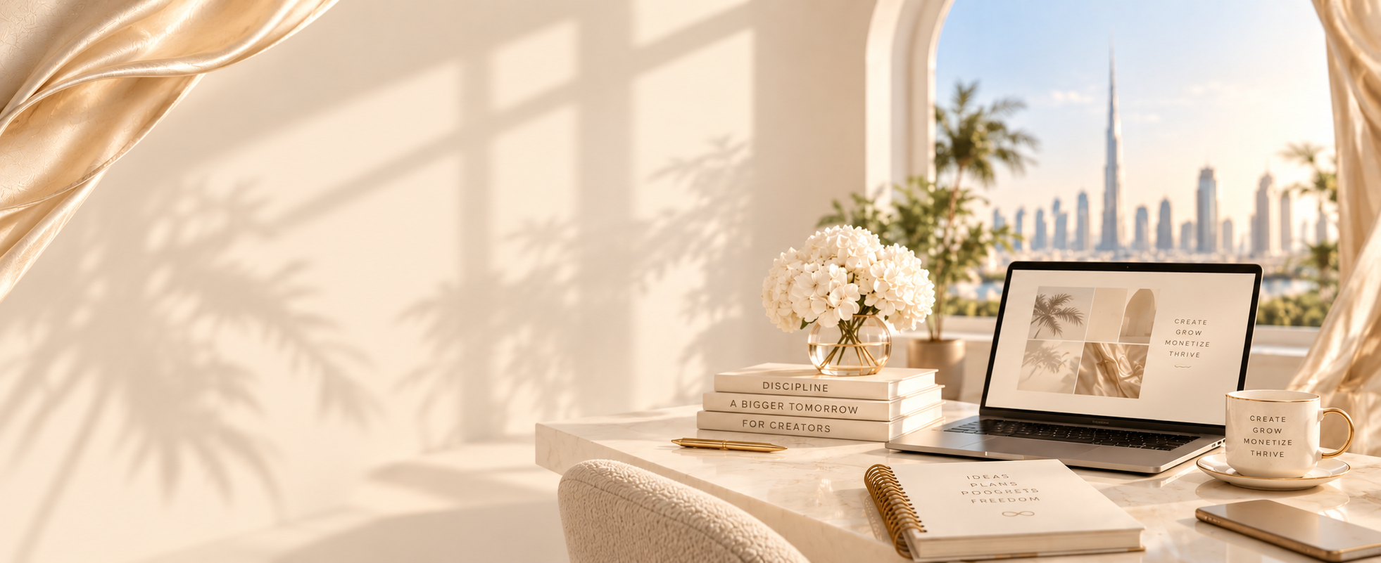 A sunlit ivory desk with white hydrangeas, cream books, a gold pen and an open laptop, overlooking palm trees and a city skyline — the calm studio setting where DIF Marketing builds creator brands
